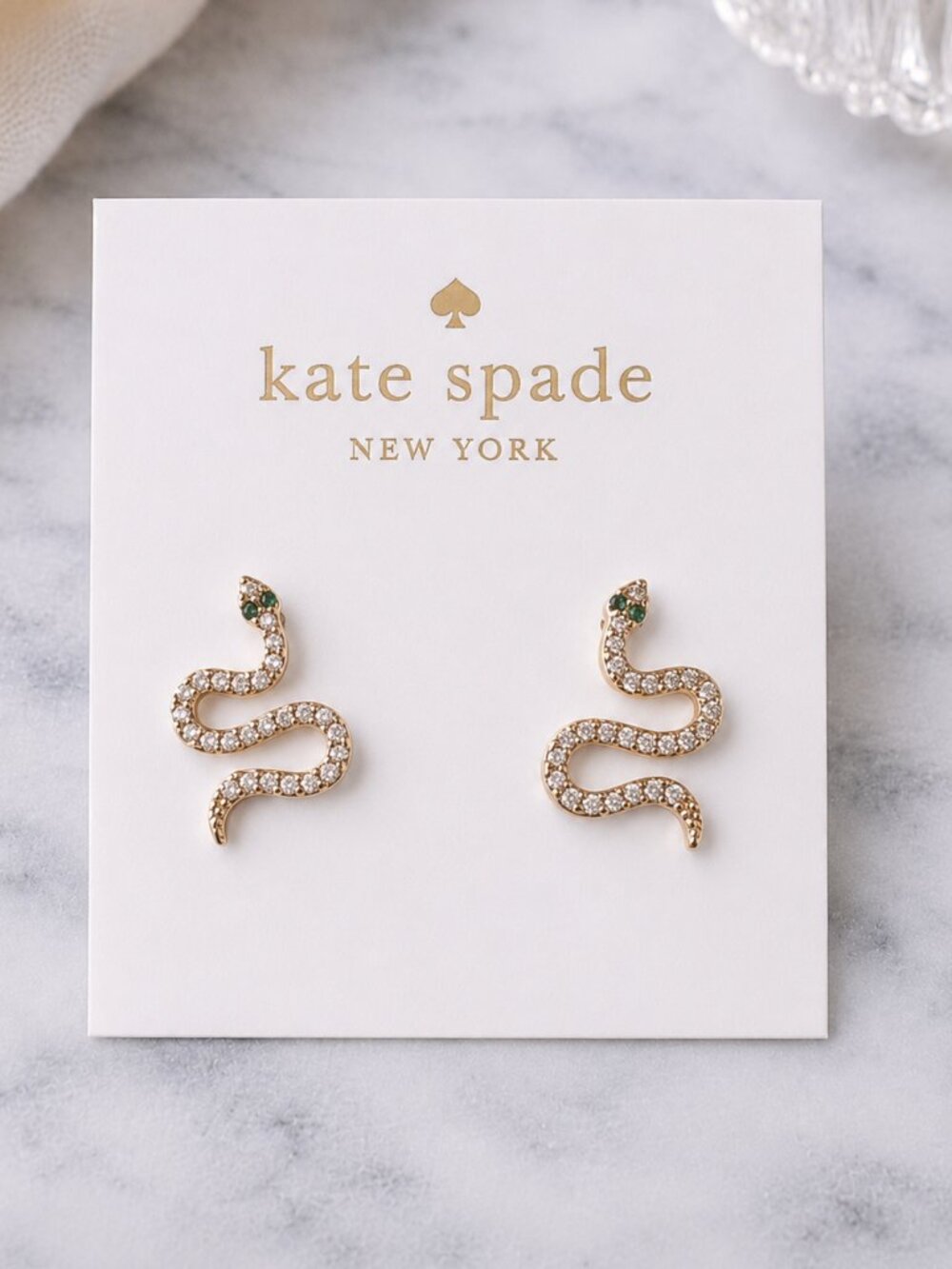 Kate Spade Crystal Snake Stud Earrings Gold Tone Green Eyes 🐍✨